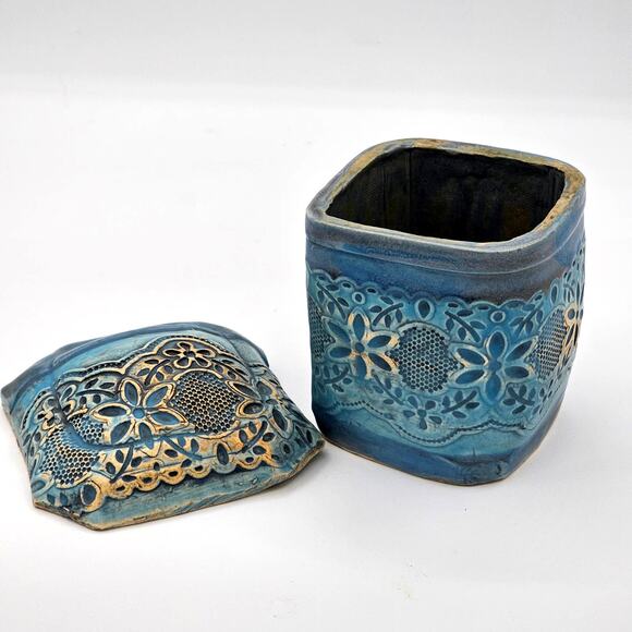 Handcrafted Studio Pottery Floral Jar with Lid - Artisan-Made Textured Design - Picture 2 of 6